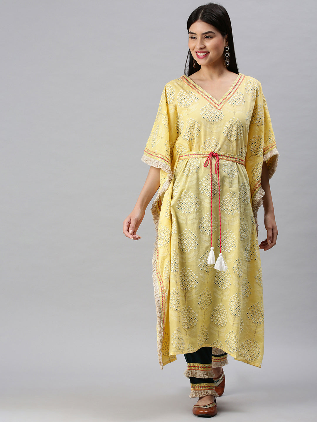 Women Kaftan Yellow Printed Kurta and Trousers