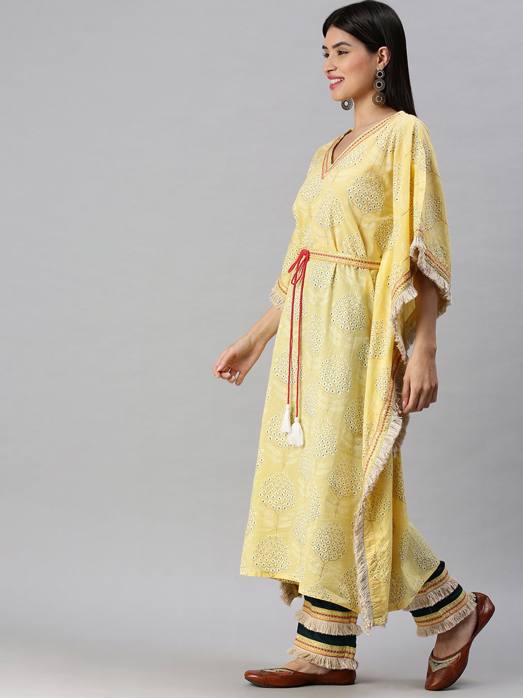 Women Kaftan Yellow Printed Kurta and Trousers