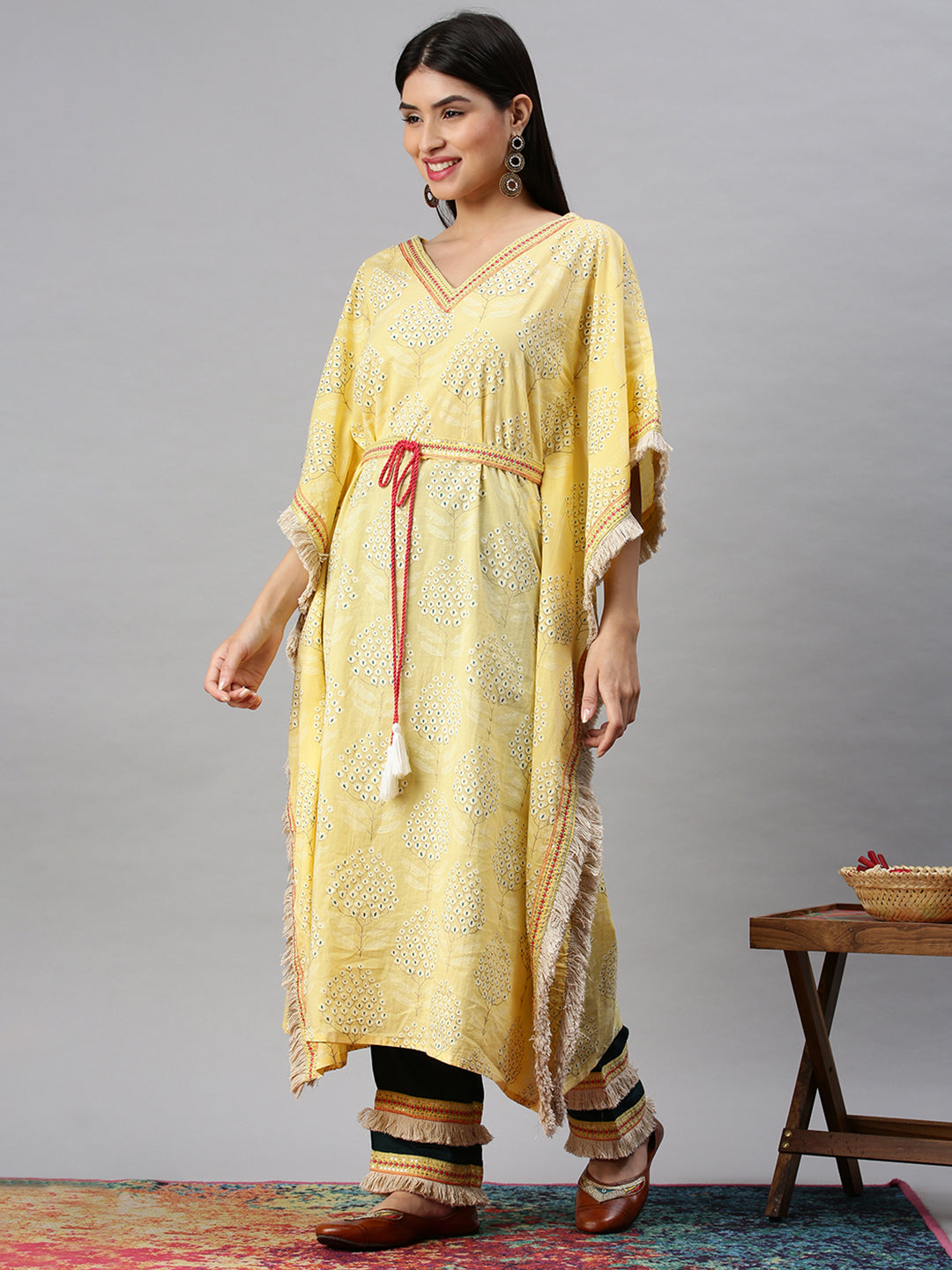 Women Kaftan Yellow Printed Kurta and Trousers