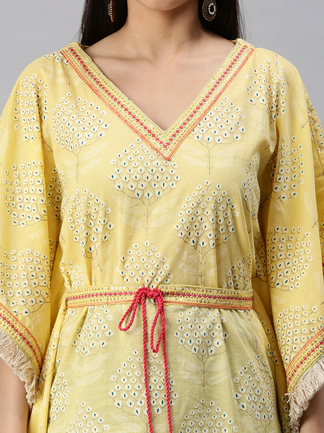 Women Kaftan Yellow Printed Kurta and Trousers