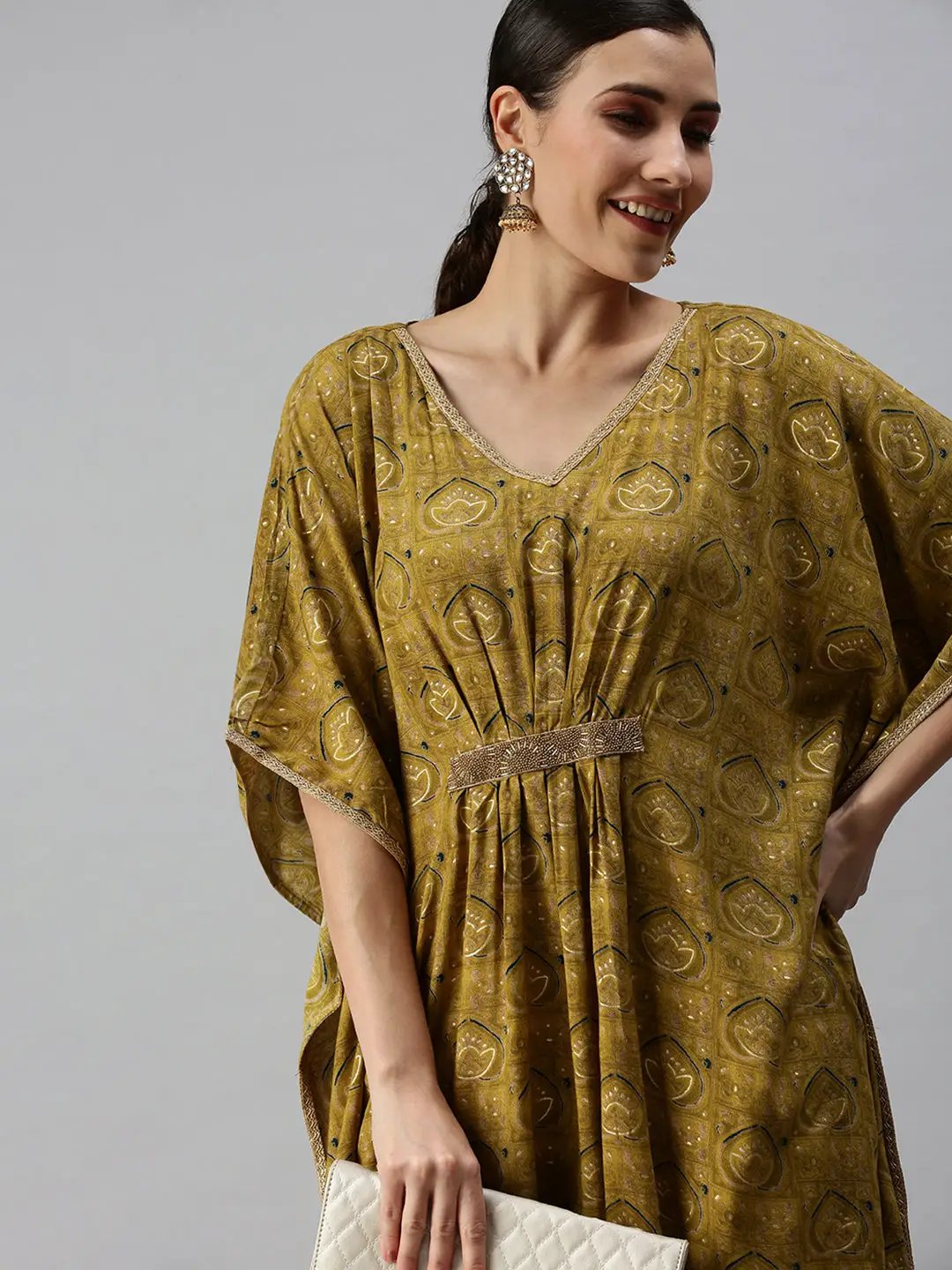 Women's V-Neck Printed Green Kaftan Kurta