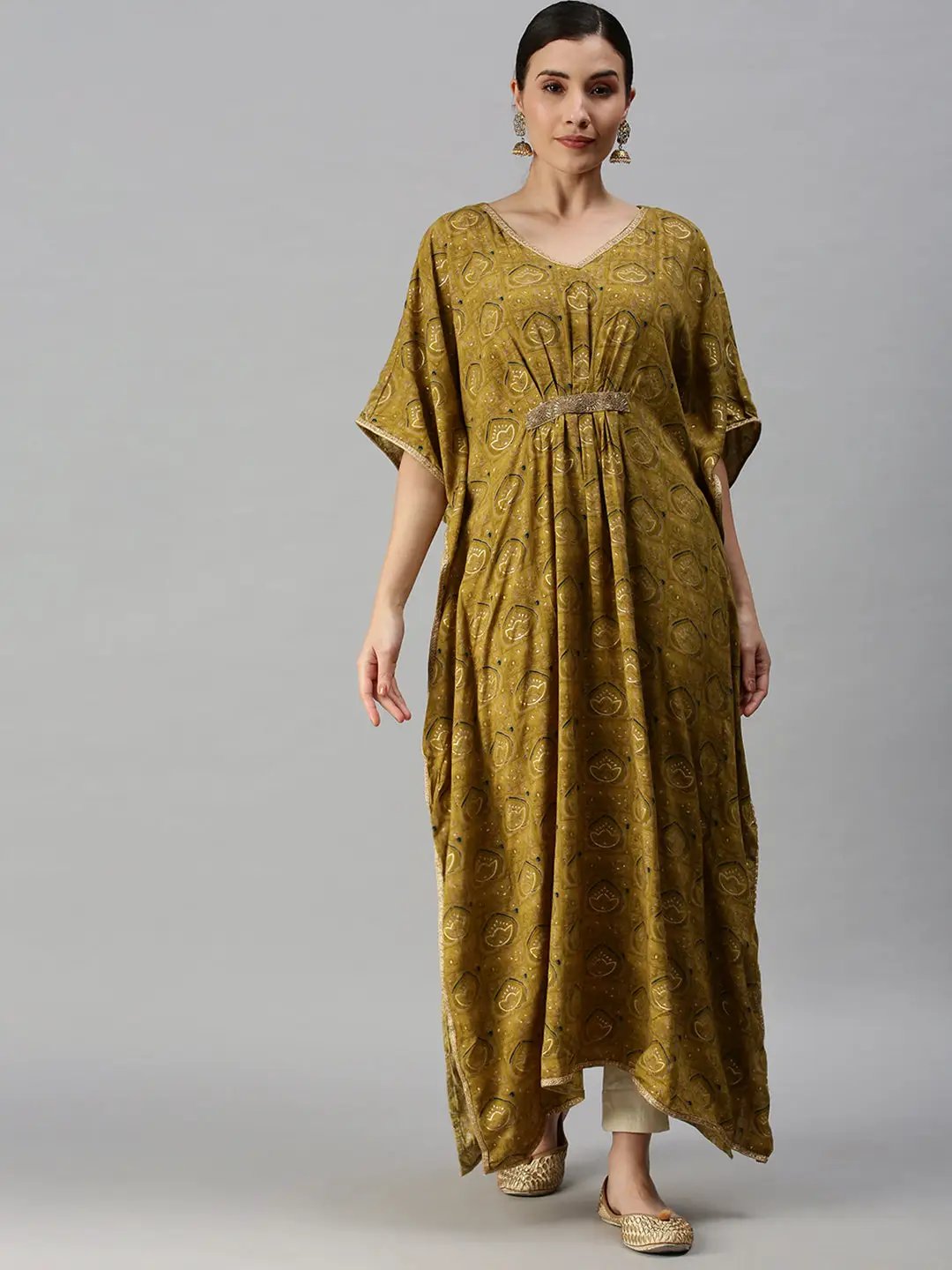 Women's V-Neck Printed Green Kaftan Kurta