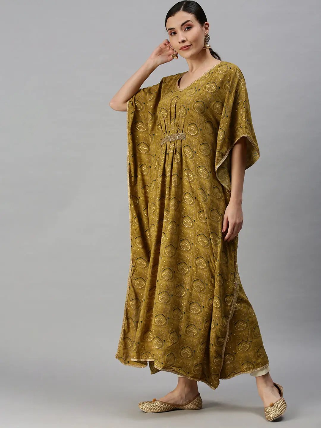 Women's V-Neck Printed Green Kaftan Kurta