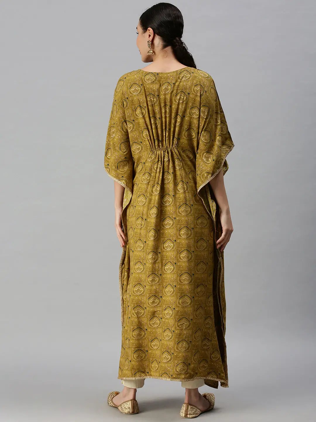 Women's V-Neck Printed Green Kaftan Kurta