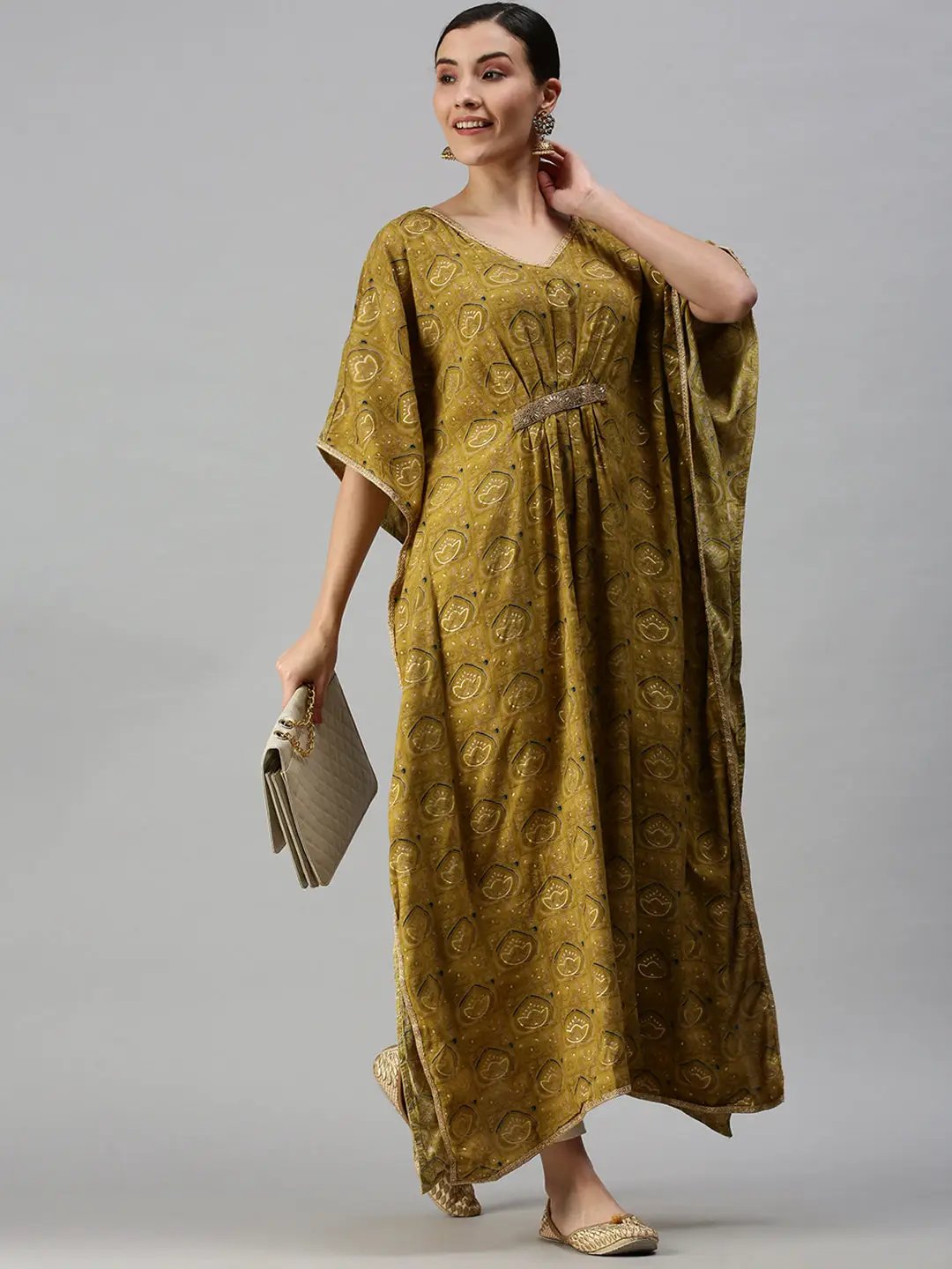 Women's V-Neck Printed Green Kaftan Kurta