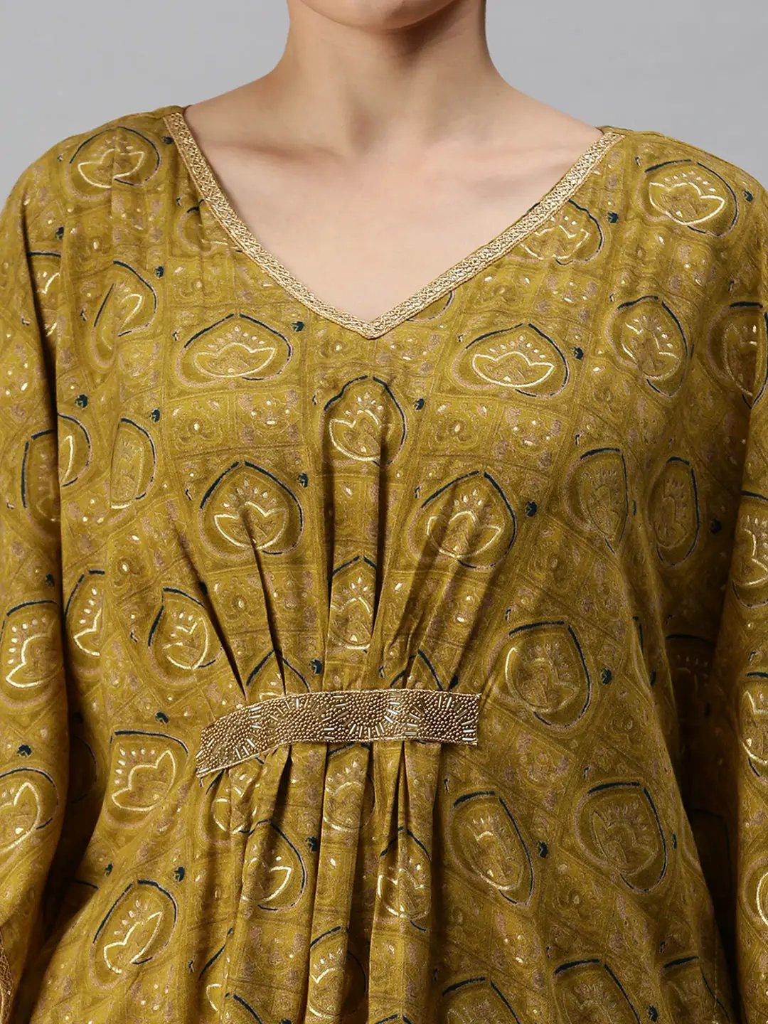 Women's V-Neck Printed Green Kaftan Kurta
