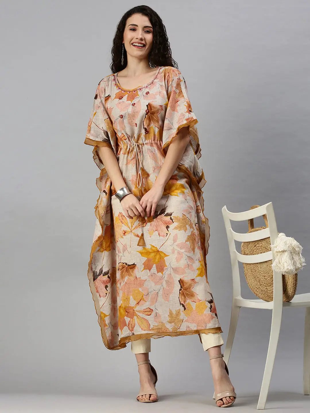 Women's Printed Grey Kaftan Kurta