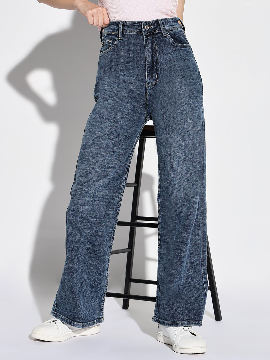 Women Navy Blue Wide Leg Jeans