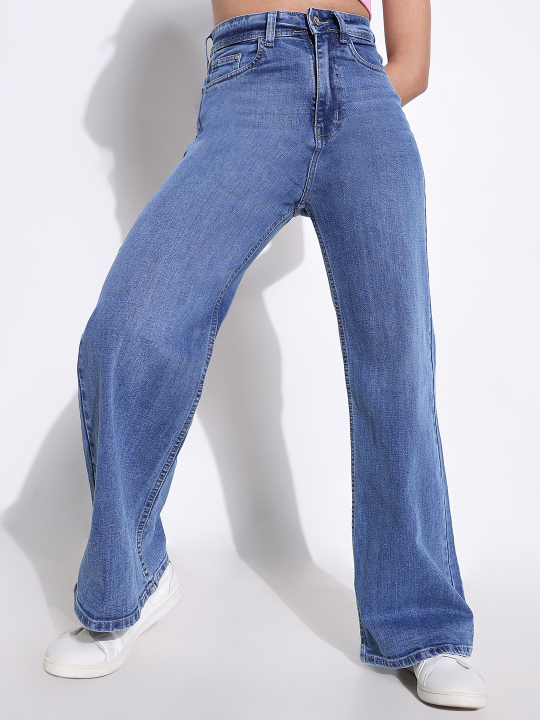 Women Solid Blue Wide Leg Jeans