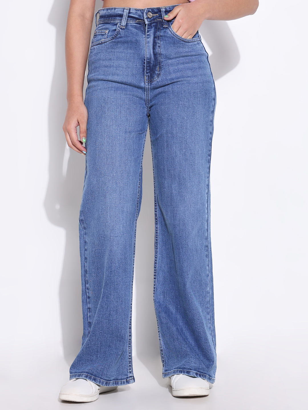 Women Solid Blue Wide Leg Jeans