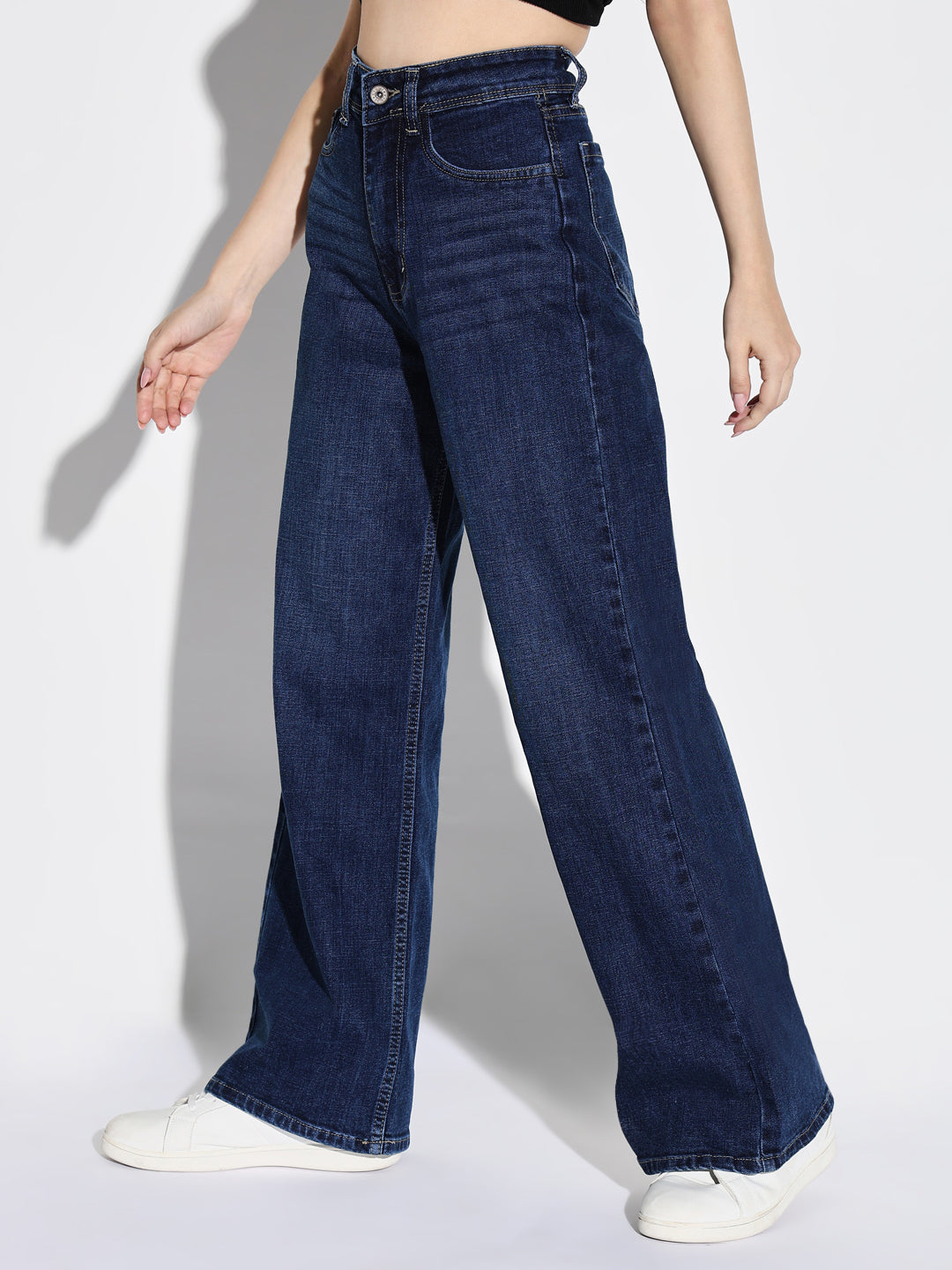 Women's Navy Blue Comfort Wide Leg Light Fad Stretchable Jeans
