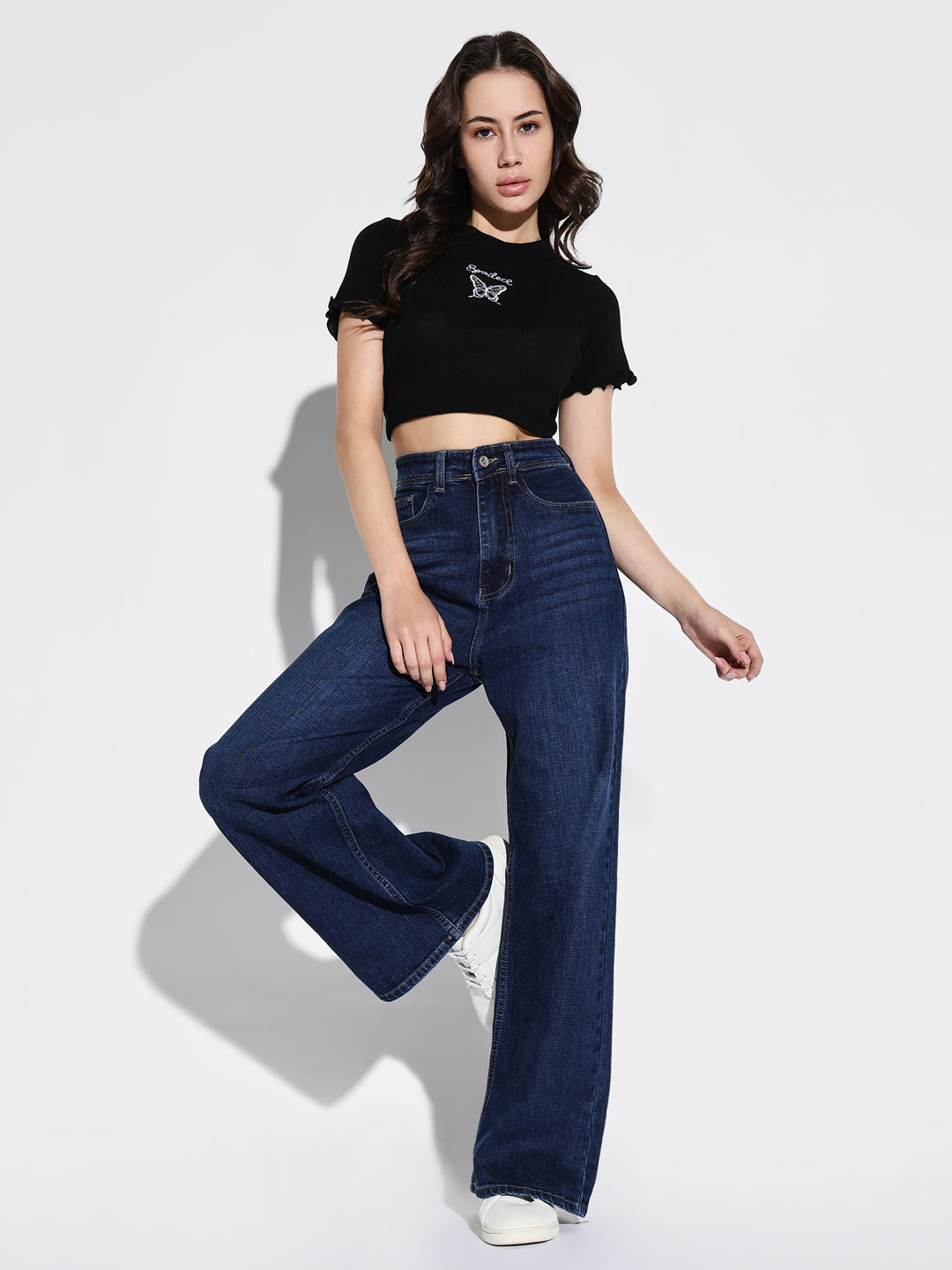 Women's Navy Blue Comfort Wide Leg Light Fad Stretchable Jeans