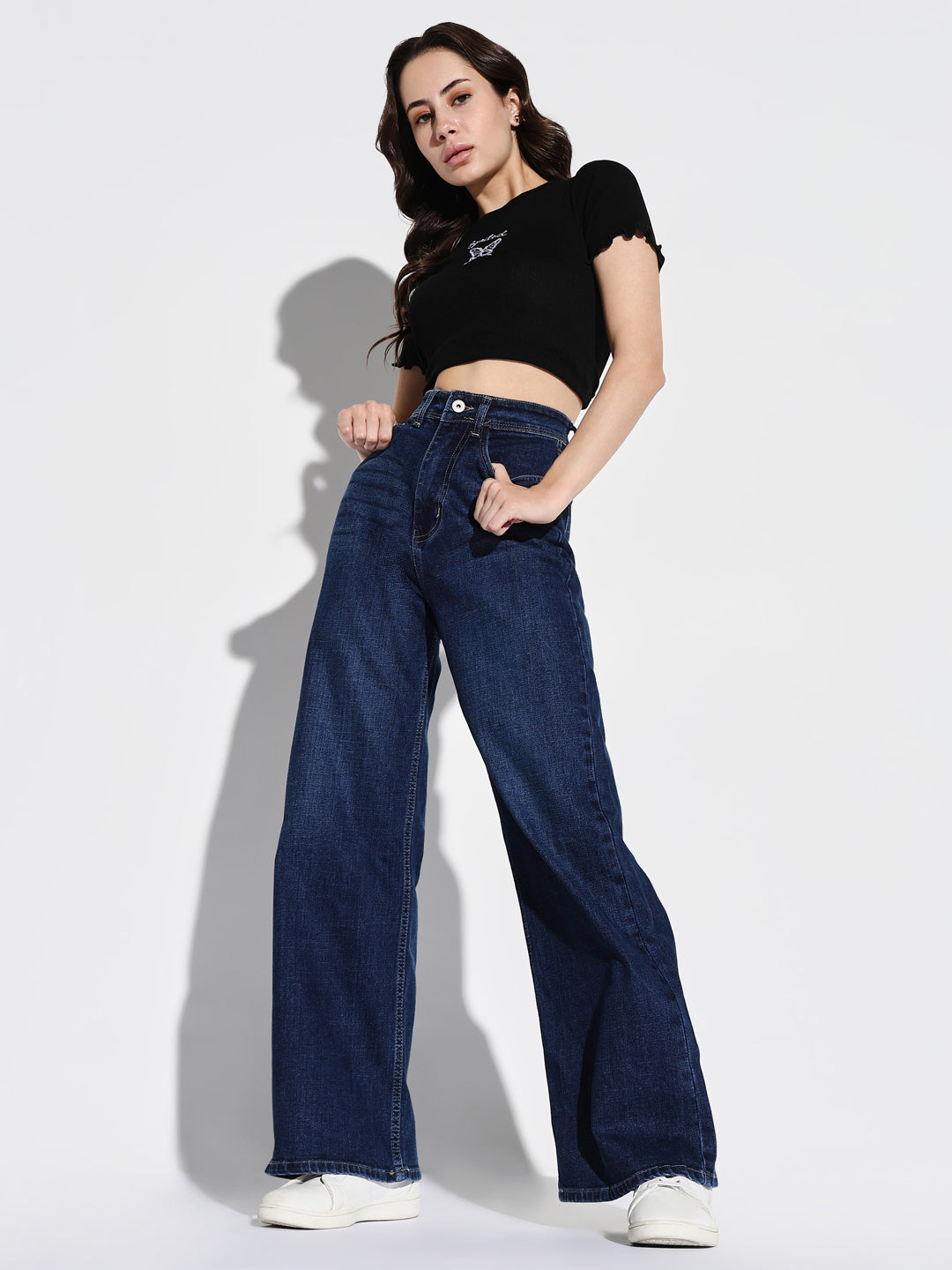 Women's Navy Blue Comfort Wide Leg Light Fad Stretchable Jeans