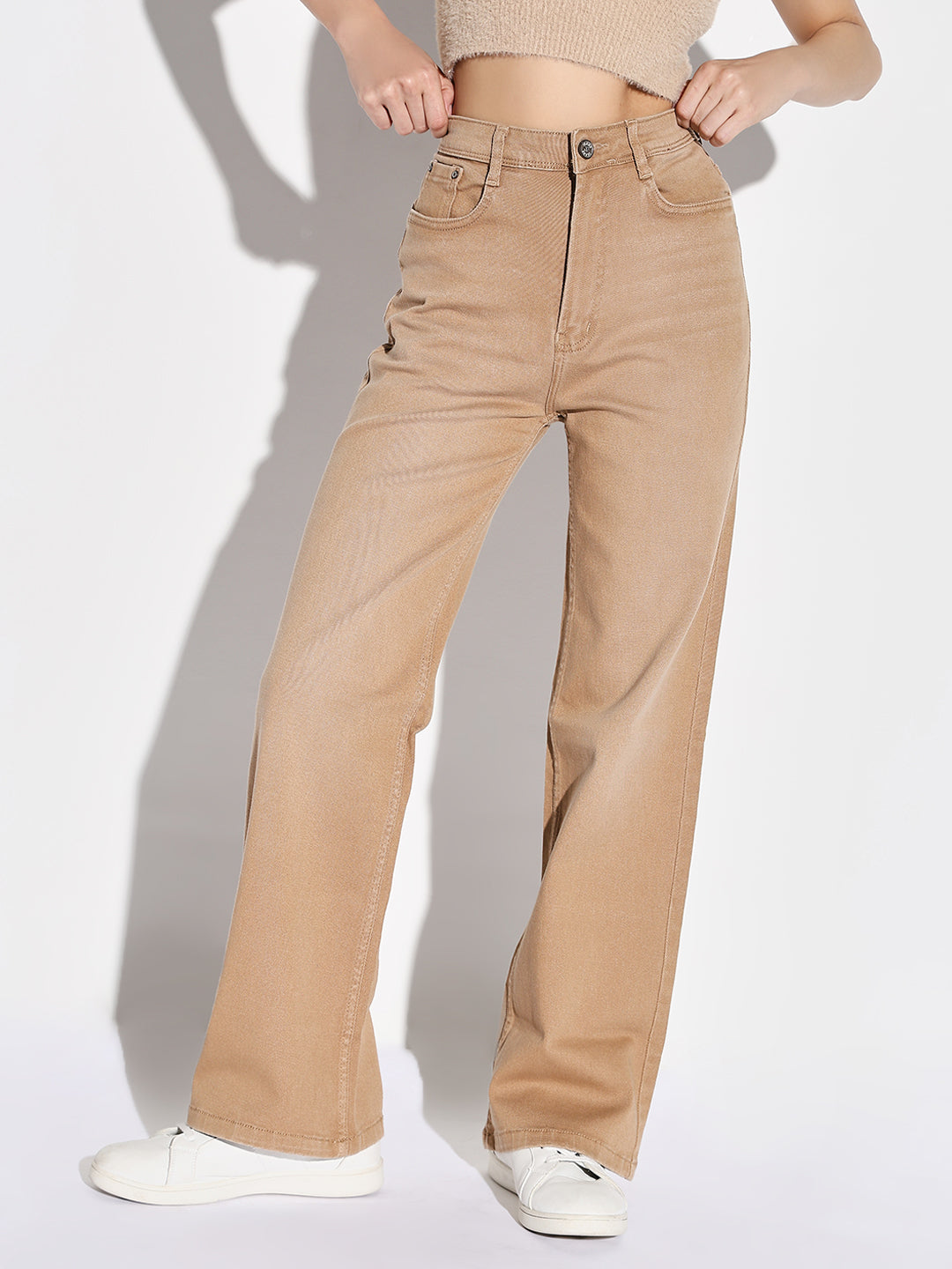 Women Beige Wide Leg Jeans