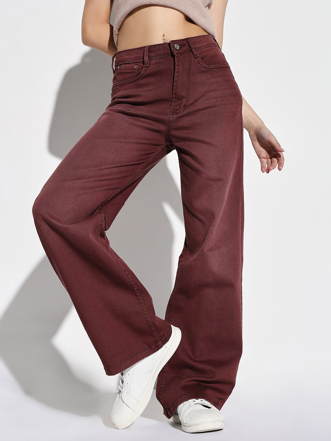 Women Maroon Wide Leg Jeans