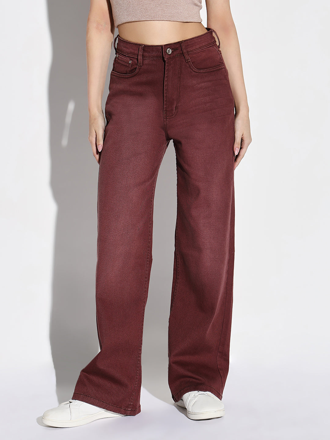 Women Maroon Wide Leg Jeans