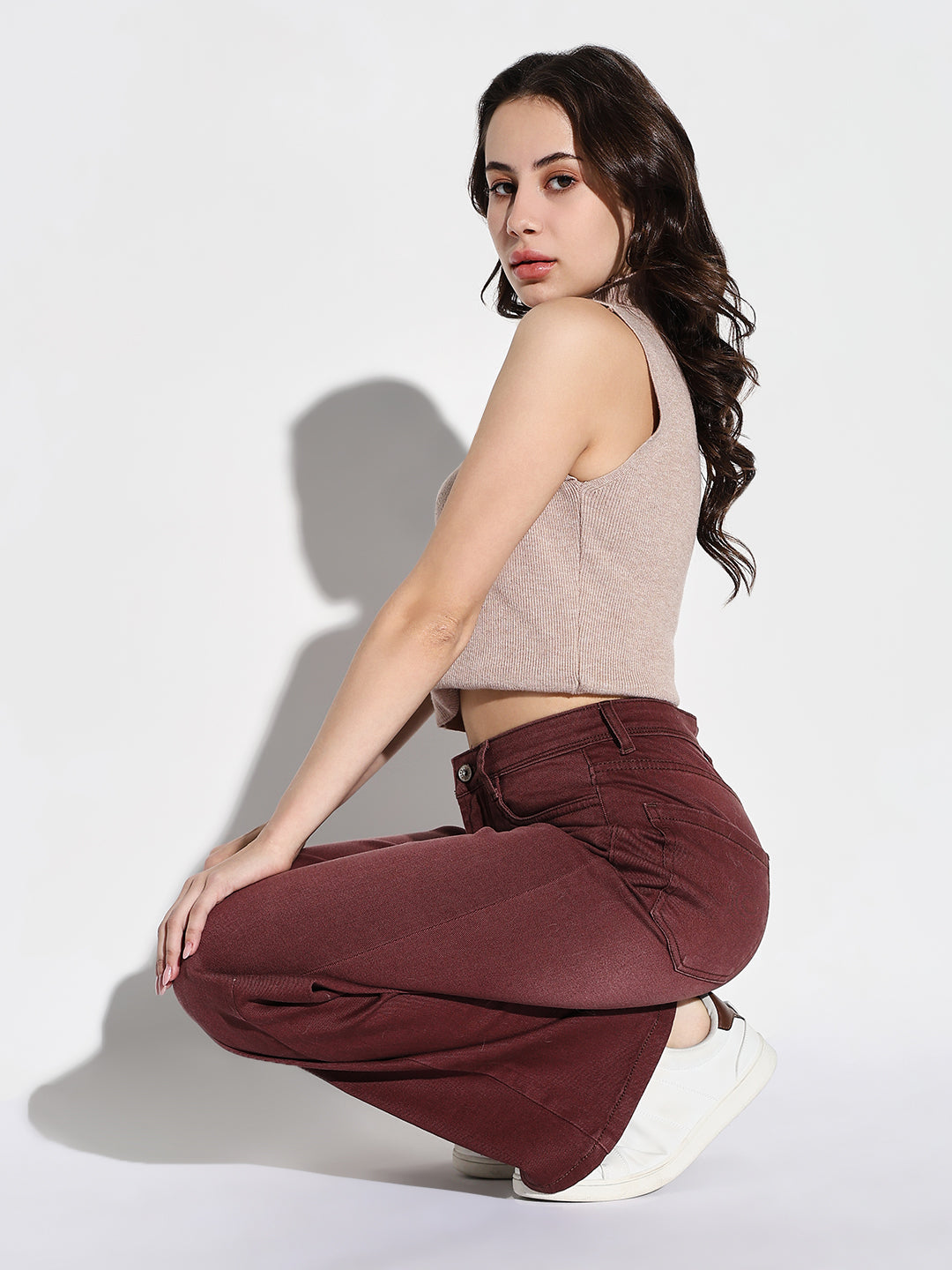 Women Maroon Wide Leg Jeans