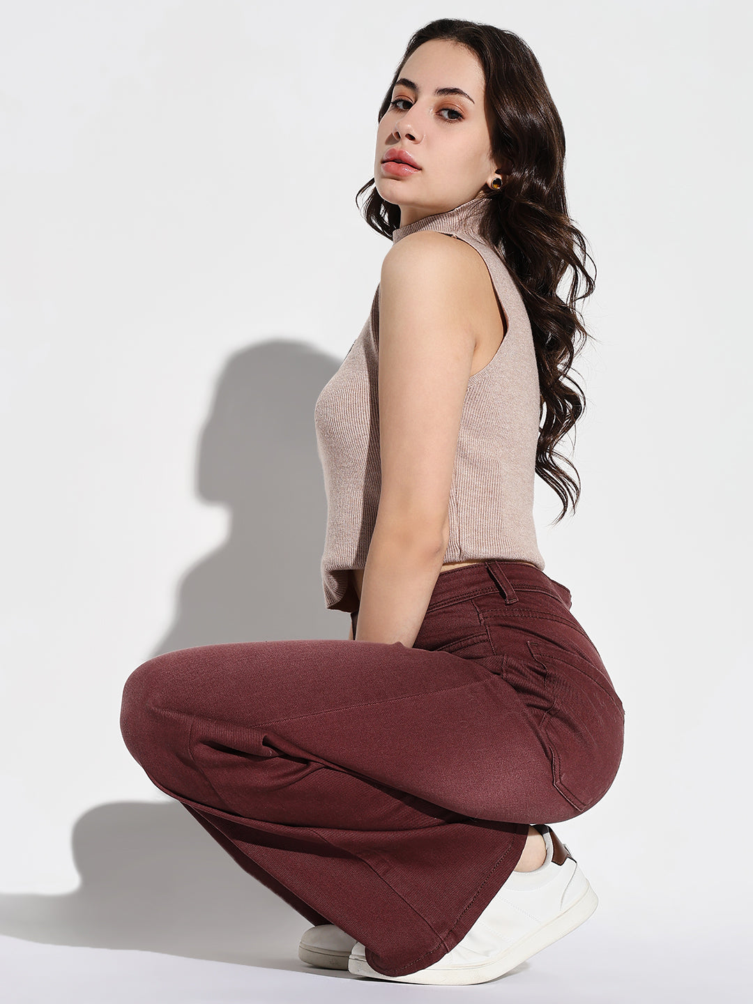 Women Maroon Wide Leg Jeans