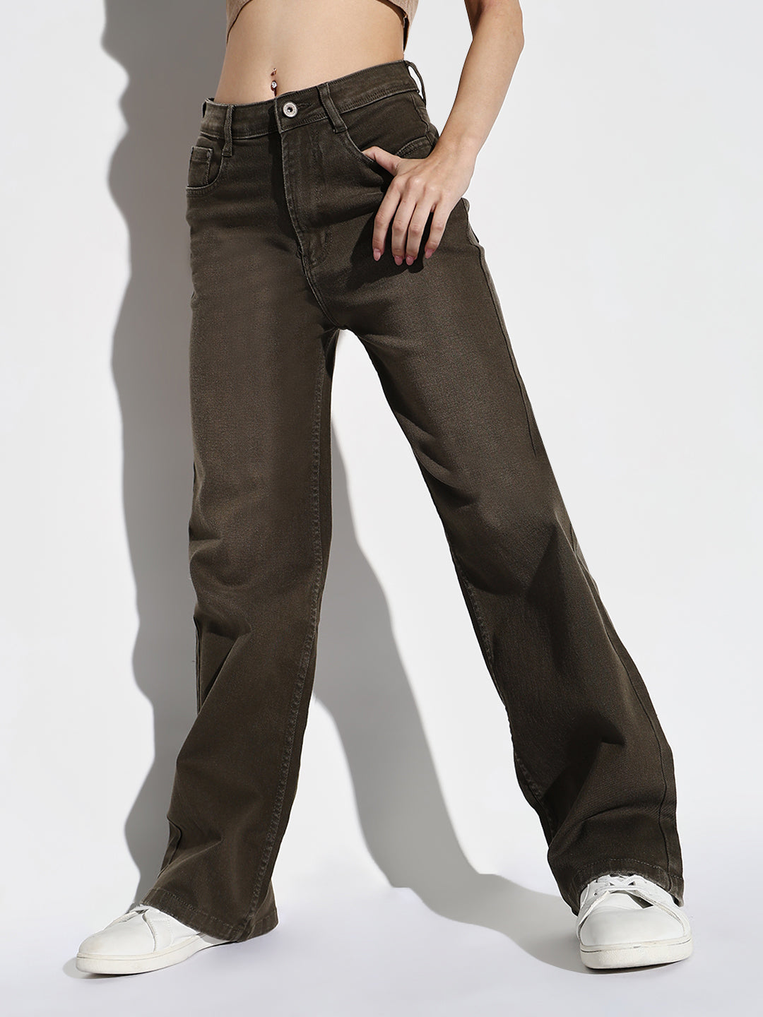 Women Olive Wide Leg Jeans