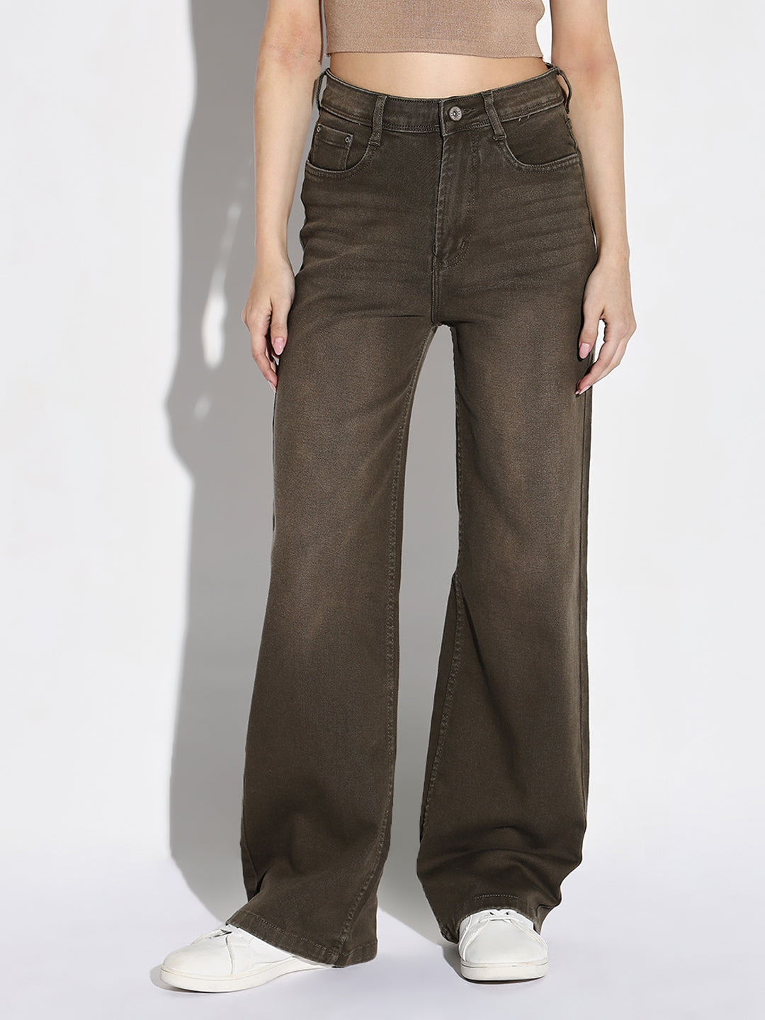 Women Olive Wide Leg Jeans