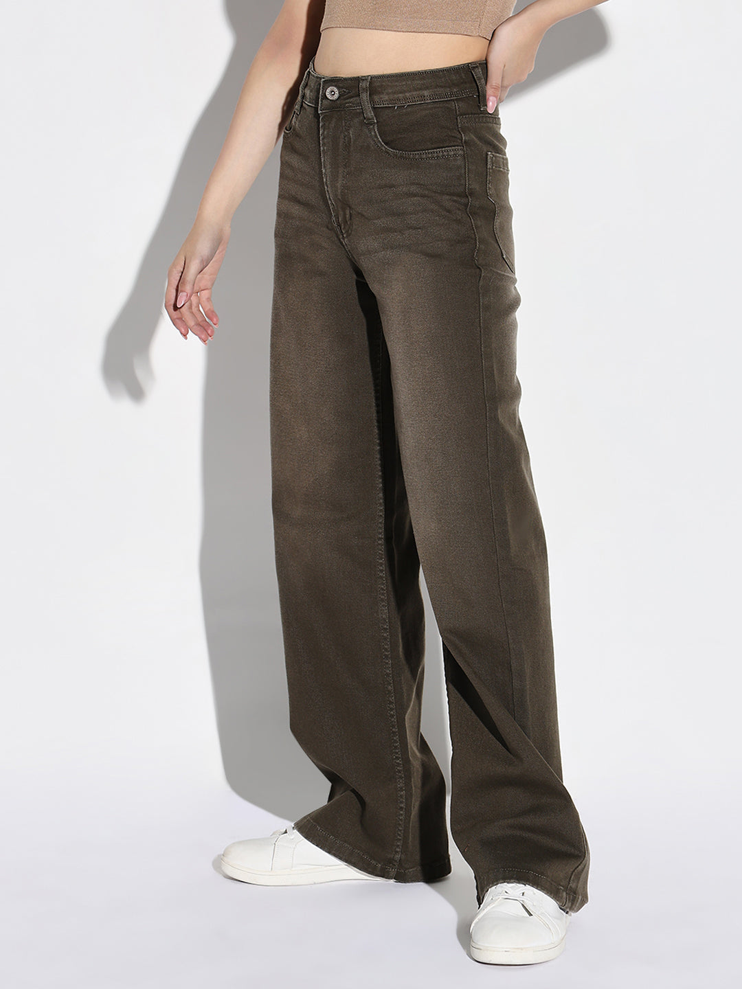 Women Olive Wide Leg Jeans