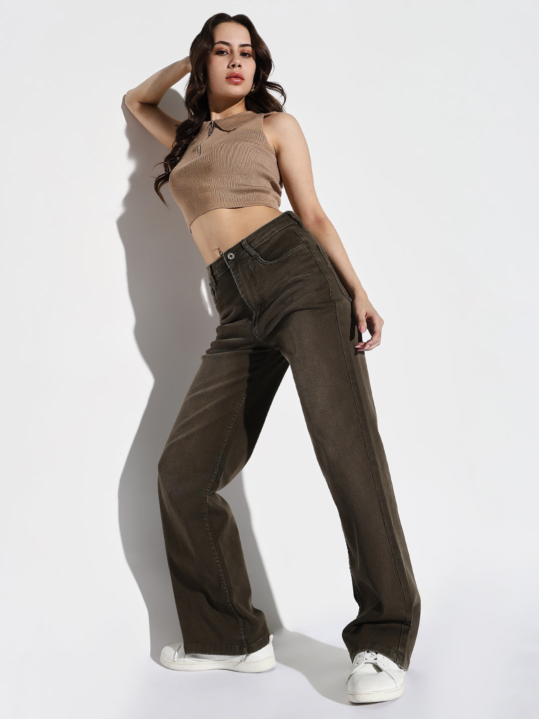 Women Olive Wide Leg Jeans