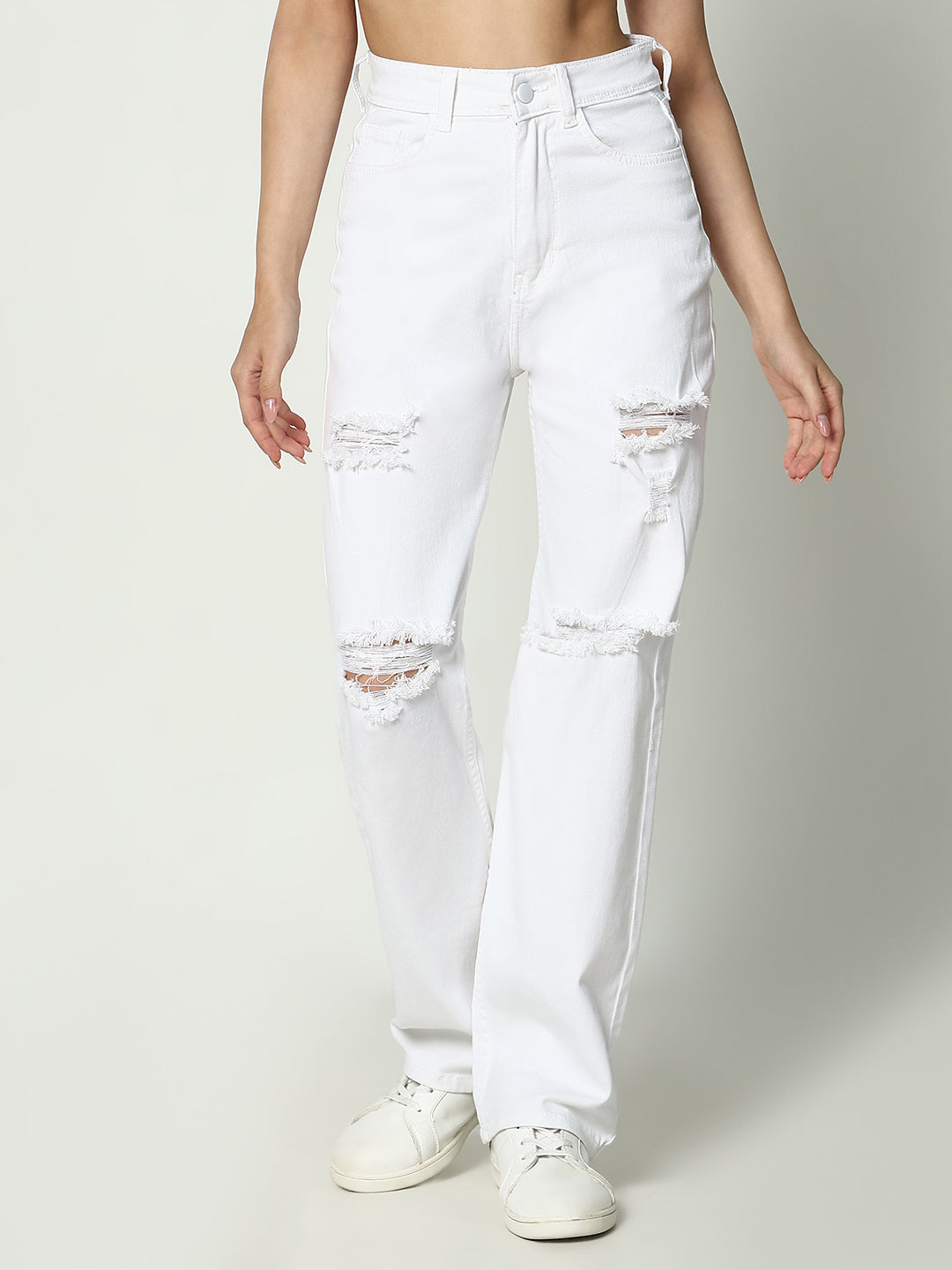 Women White Solid Straight Fit Jeans