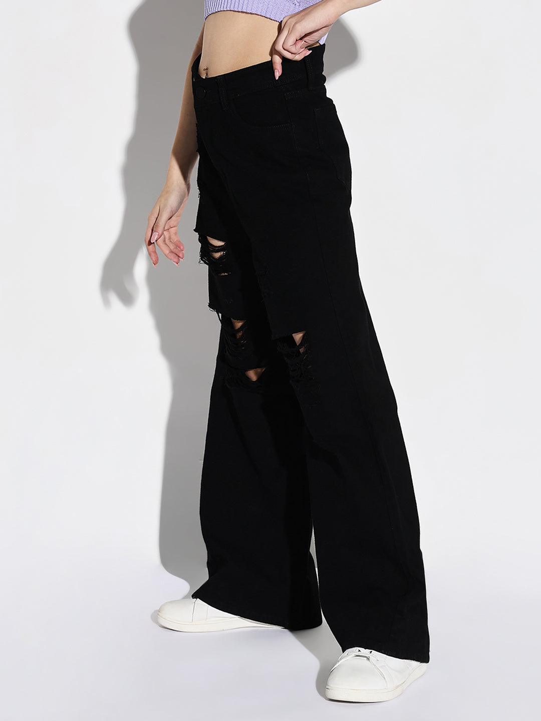 Women's Black Mid-Rise Comfort Wide Leg Highly Distressed Acid Wash Stretchable Jeans