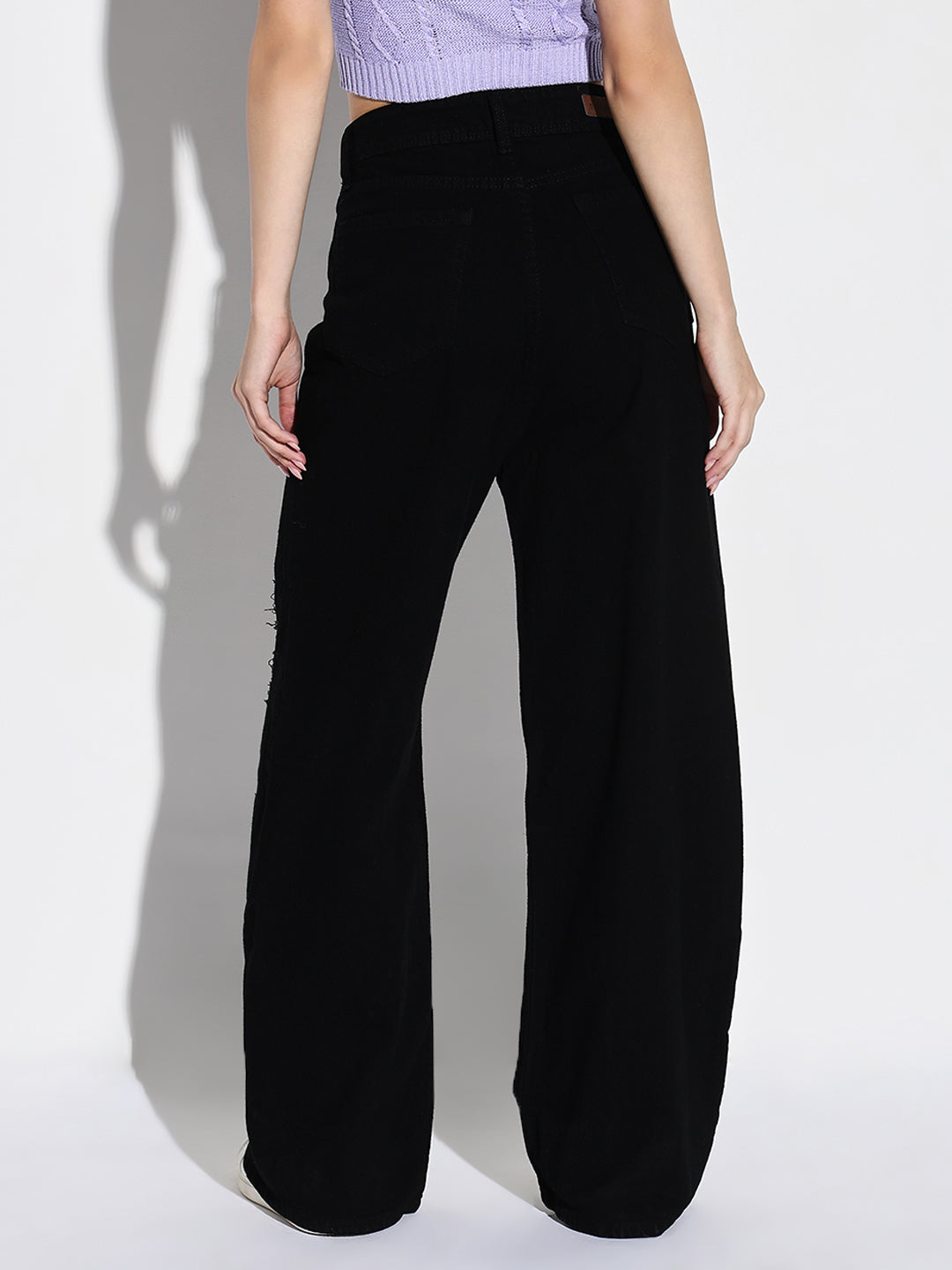 Women's Black Mid-Rise Comfort Wide Leg Highly Distressed Acid Wash Stretchable Jeans