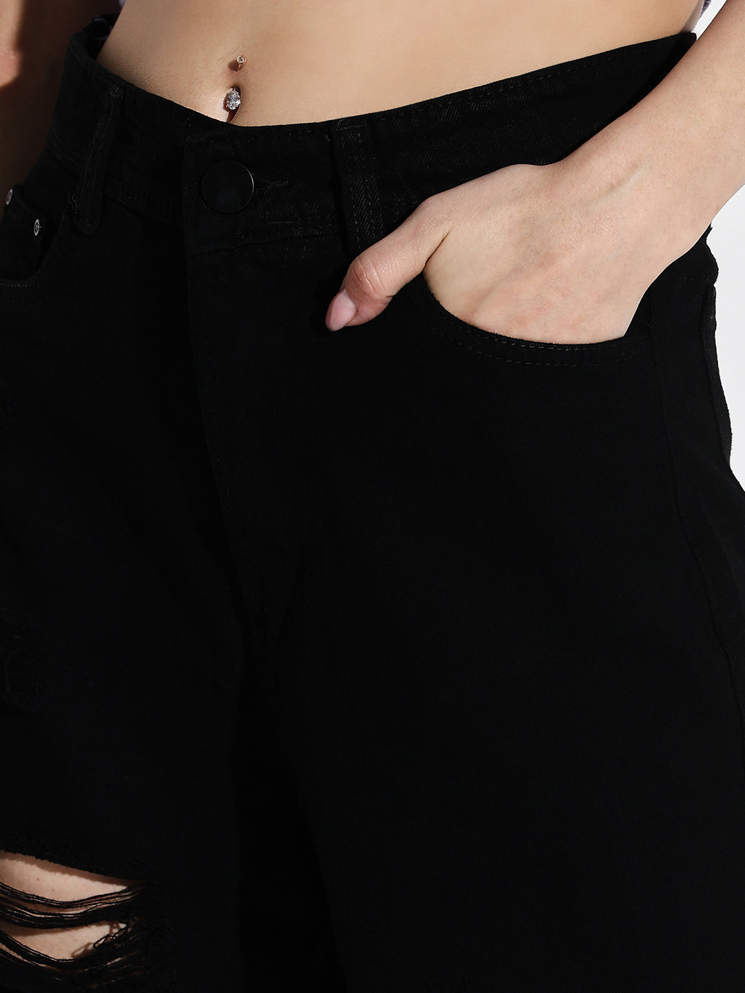 Women's Black Mid-Rise Comfort Wide Leg Highly Distressed Acid Wash Stretchable Jeans