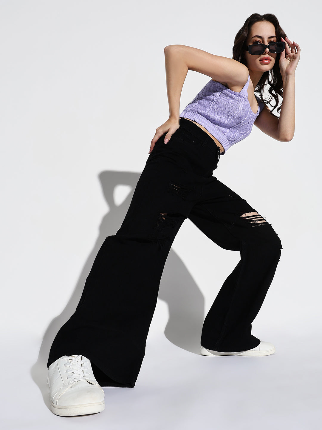 Women's Black Mid-Rise Comfort Wide Leg Highly Distressed Acid Wash Stretchable Jeans