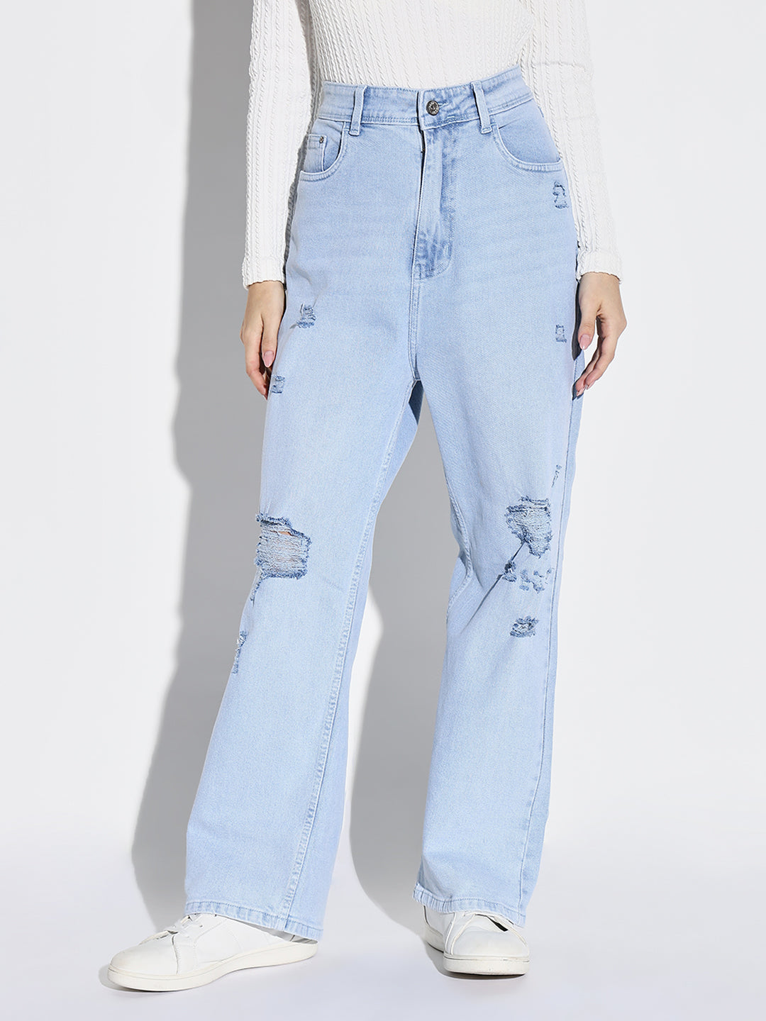 Women Blue Solid Wide Leg Jeans