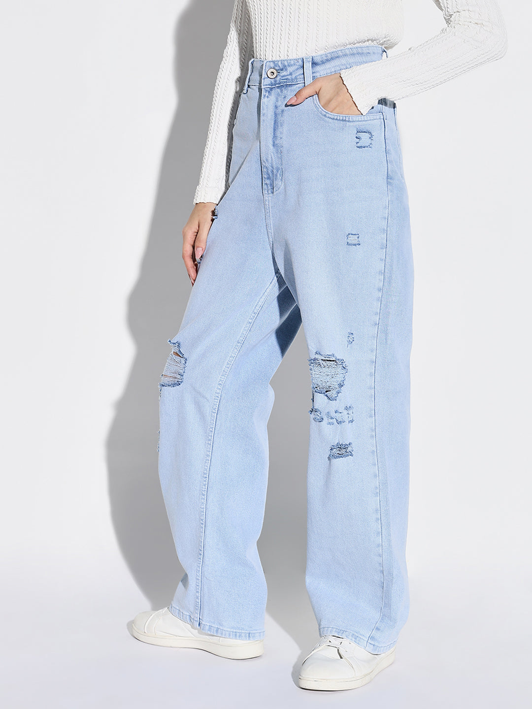 Women Blue Solid Wide Leg Jeans