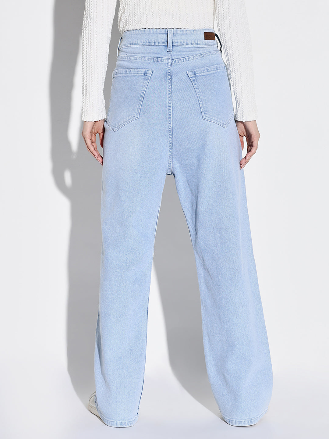 Women Blue Solid Wide Leg Jeans