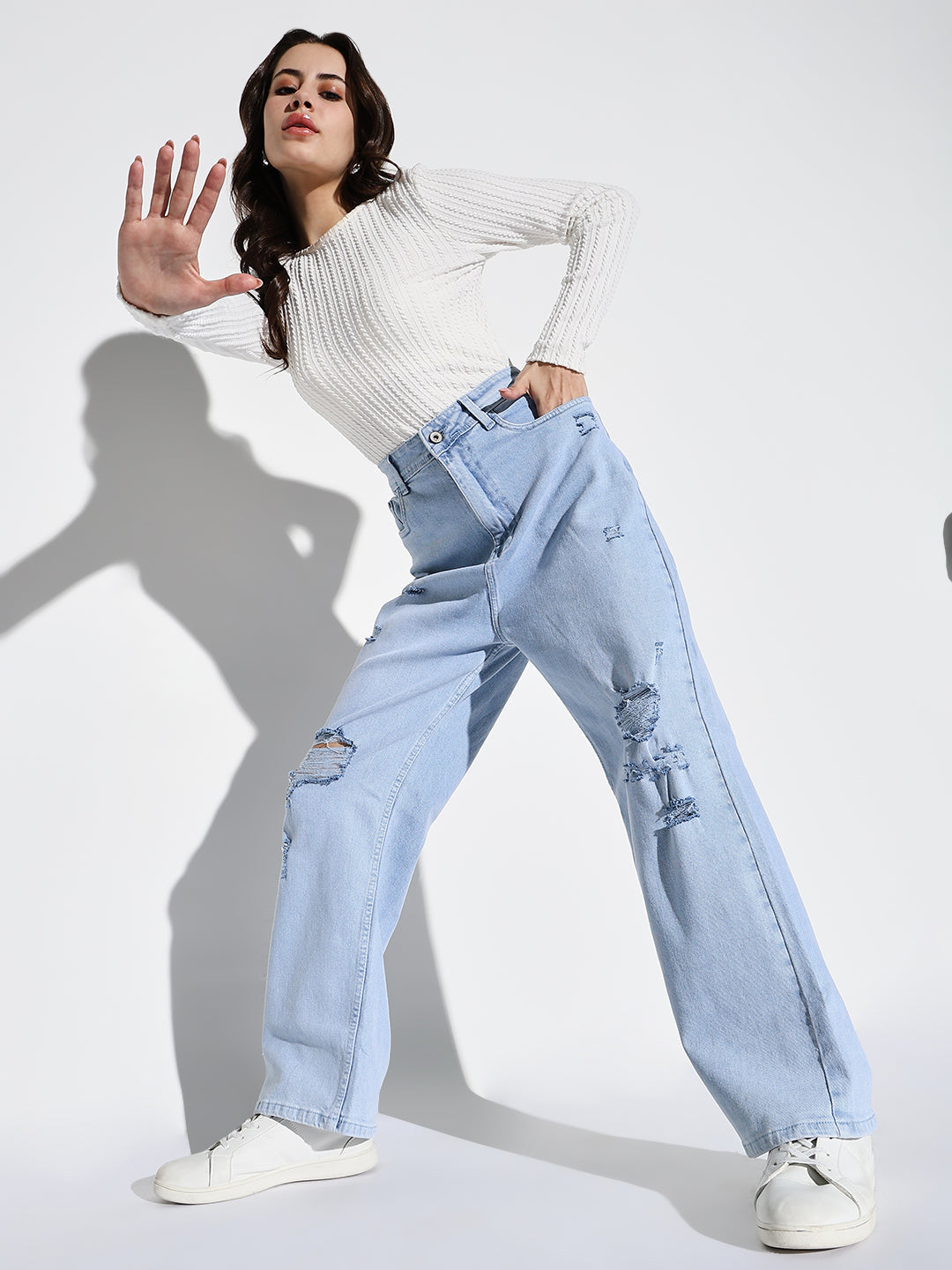 Women Blue Solid Wide Leg Jeans