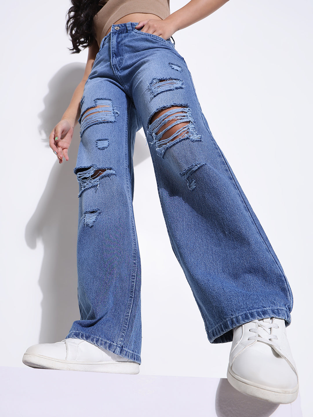 Women Solid Blue Wide Leg Jeans