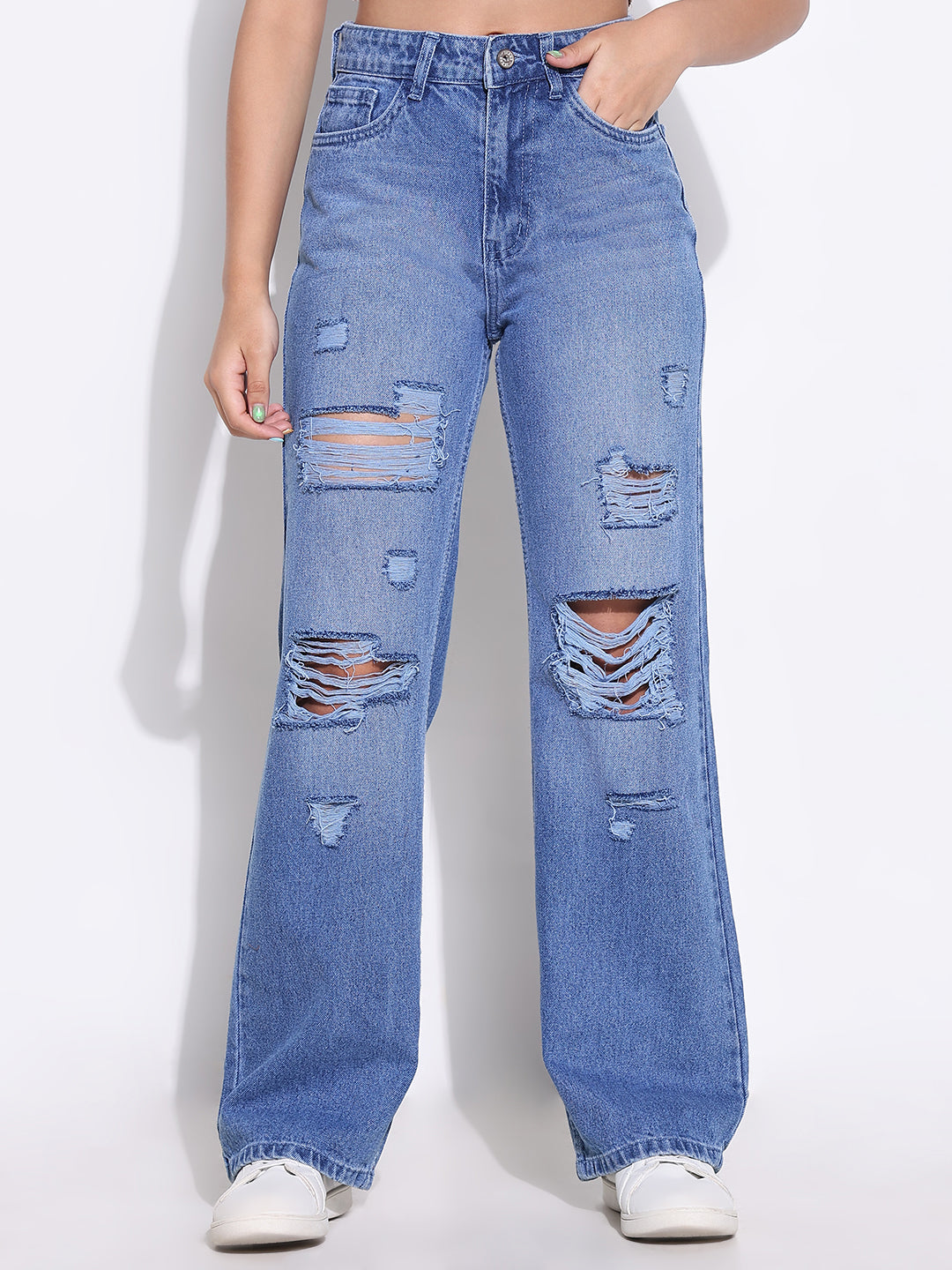 Women Solid Blue Wide Leg Jeans