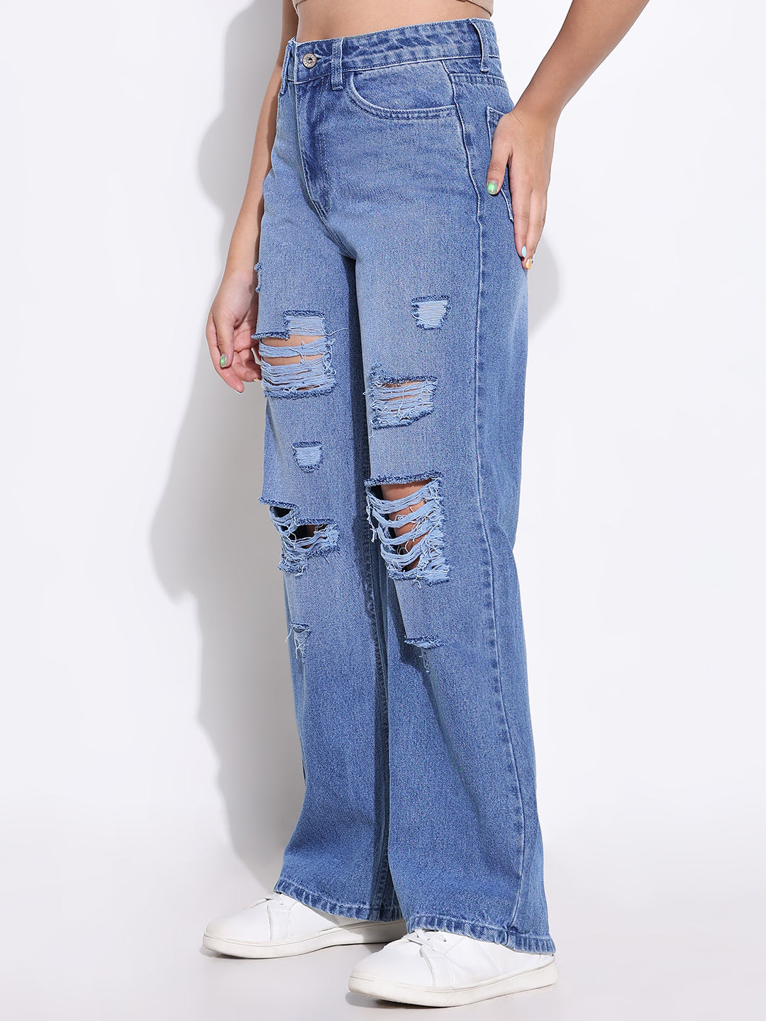 Women Solid Blue Wide Leg Jeans