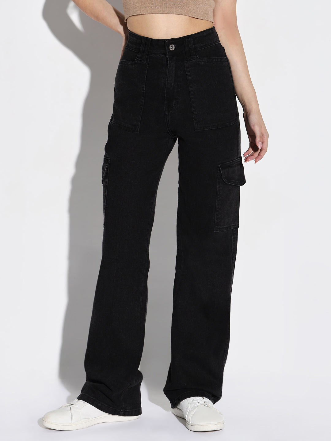 Women Black Wide Leg Cargo Jeans