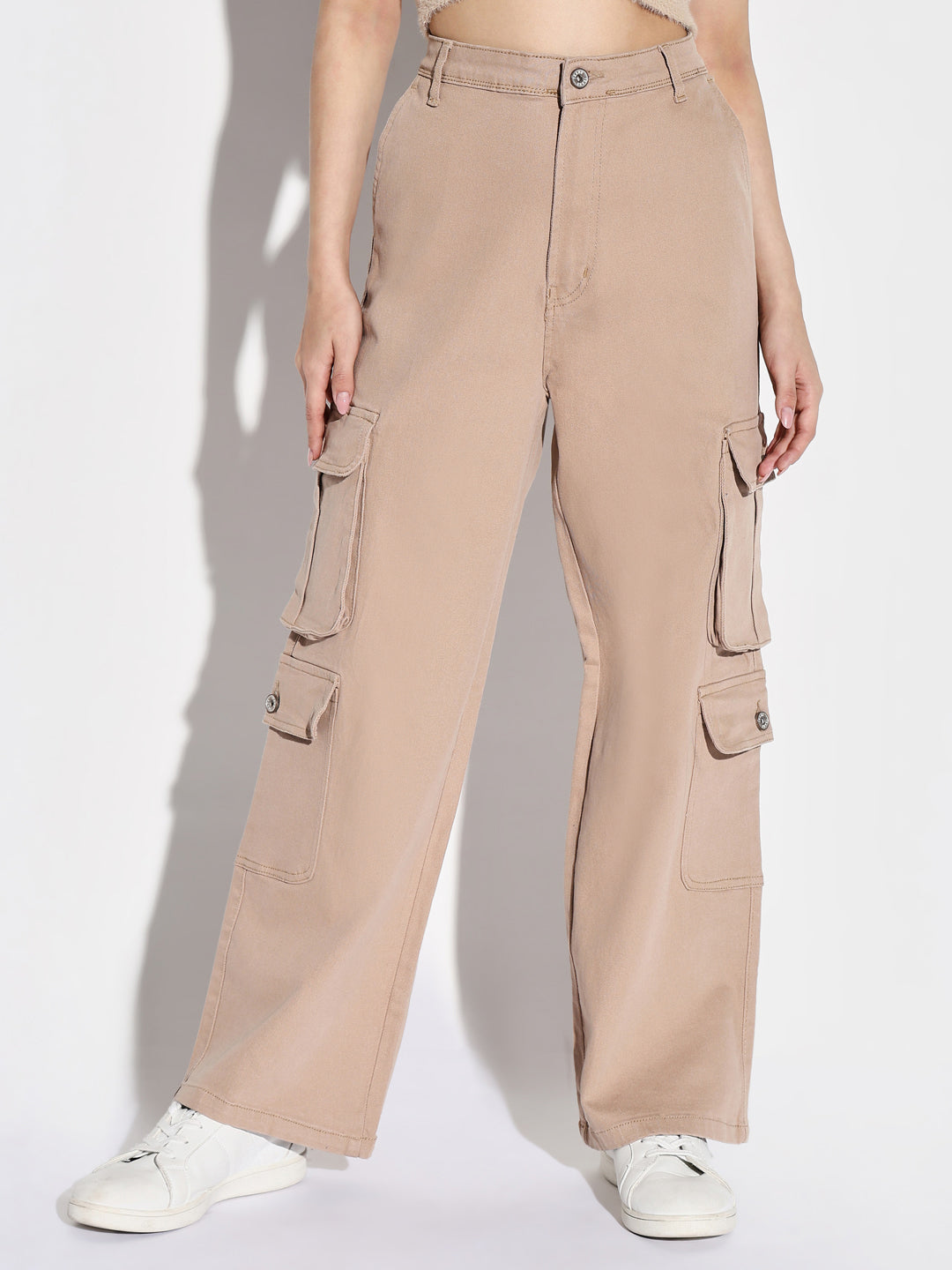 Women Beige Wide Leg Cargo Jeans