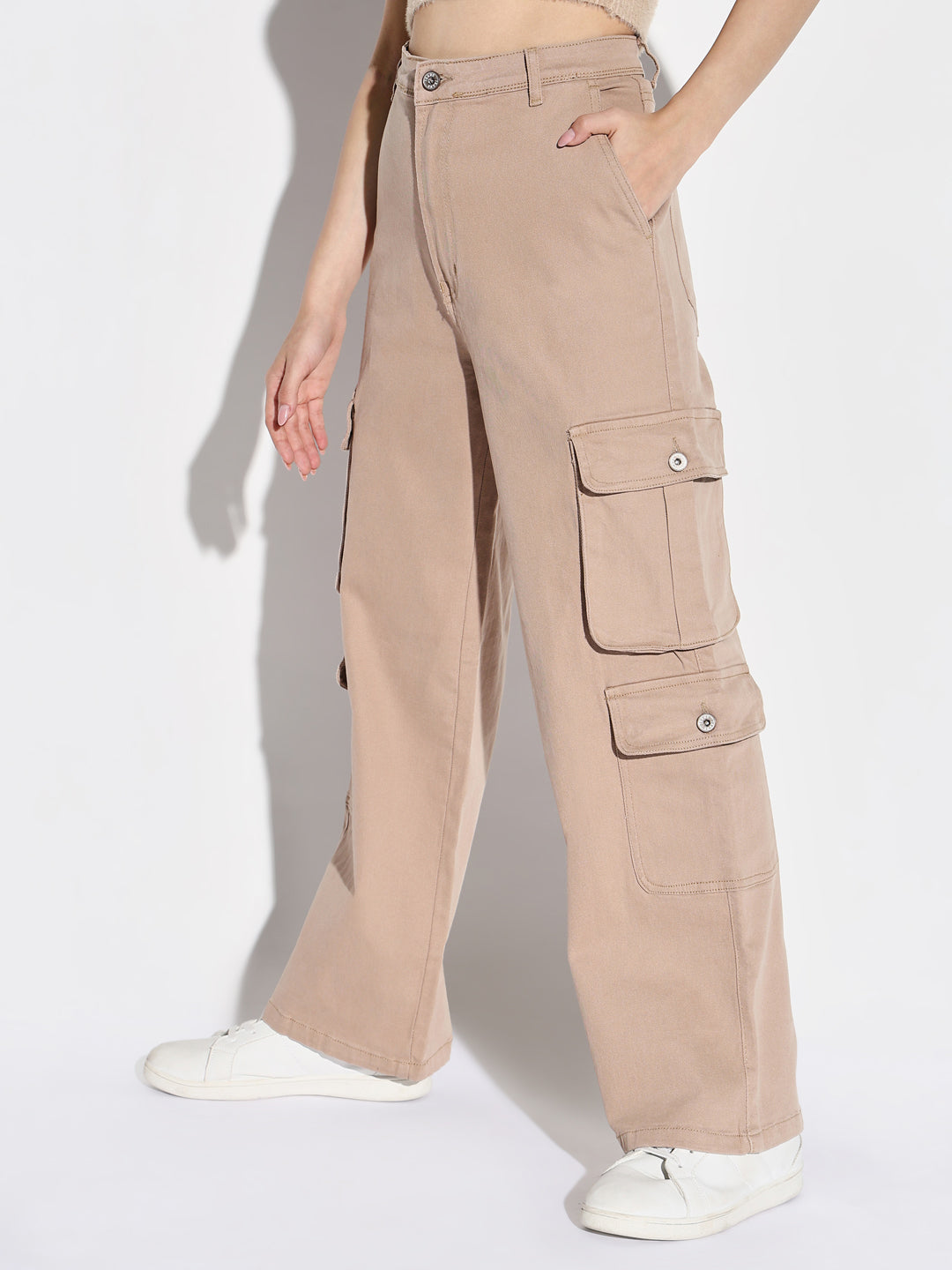 Women Beige Wide Leg Cargo Jeans