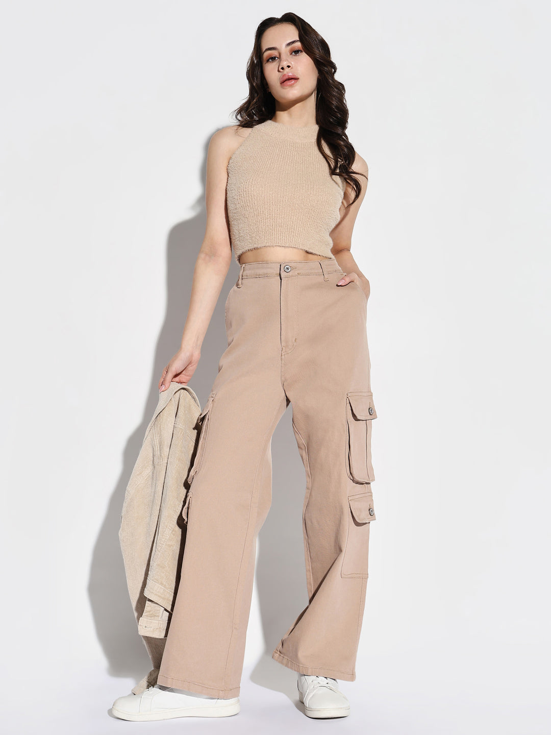 Women Beige Wide Leg Cargo Jeans