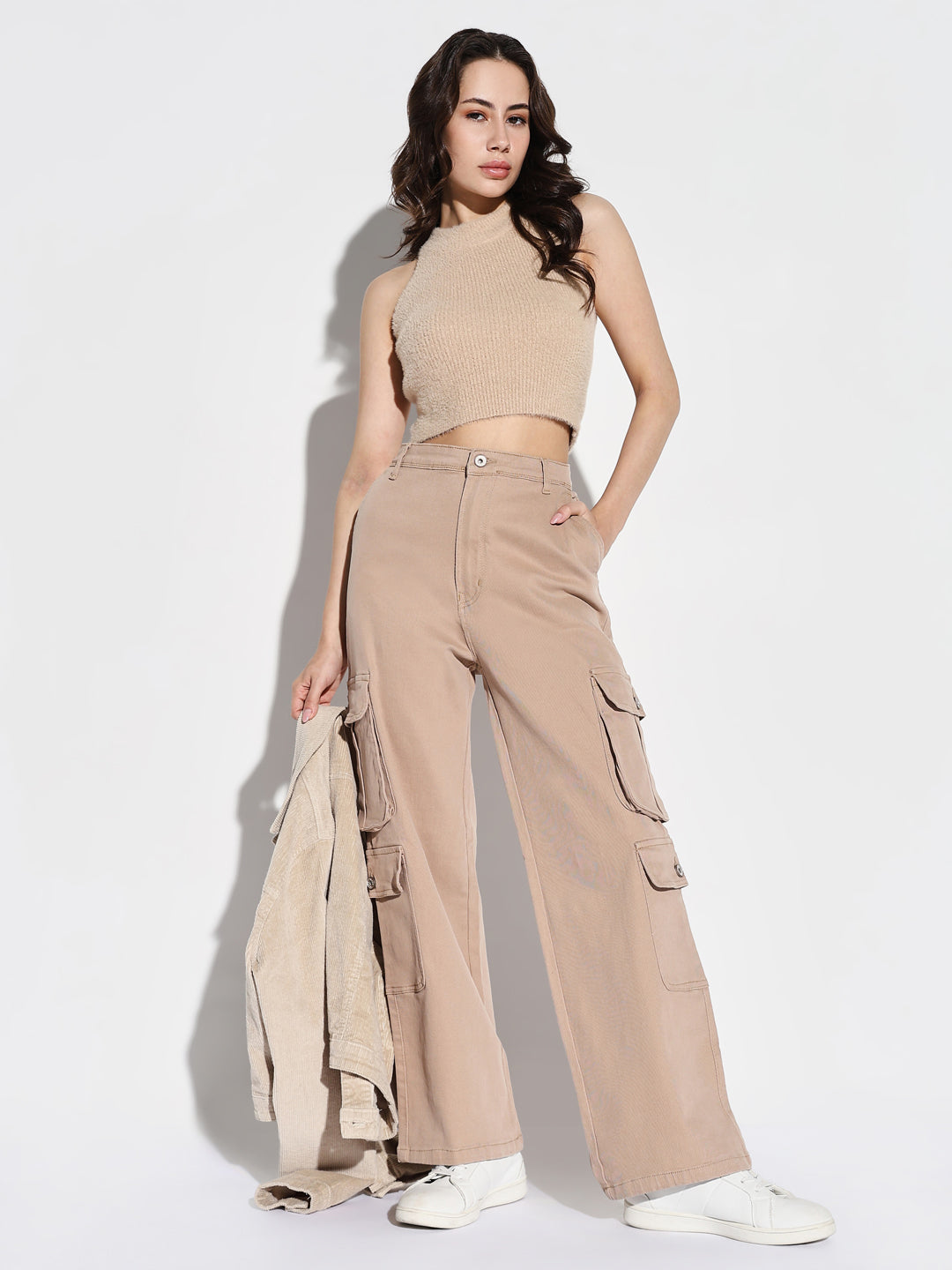 Women Beige Wide Leg Cargo Jeans