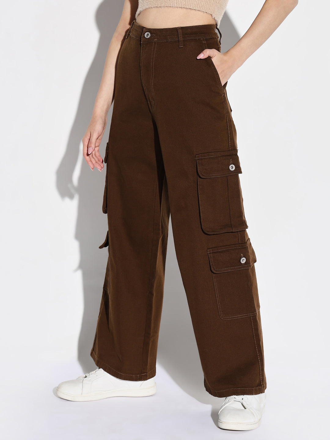 Women Brown Wide Leg Cargo Jeans