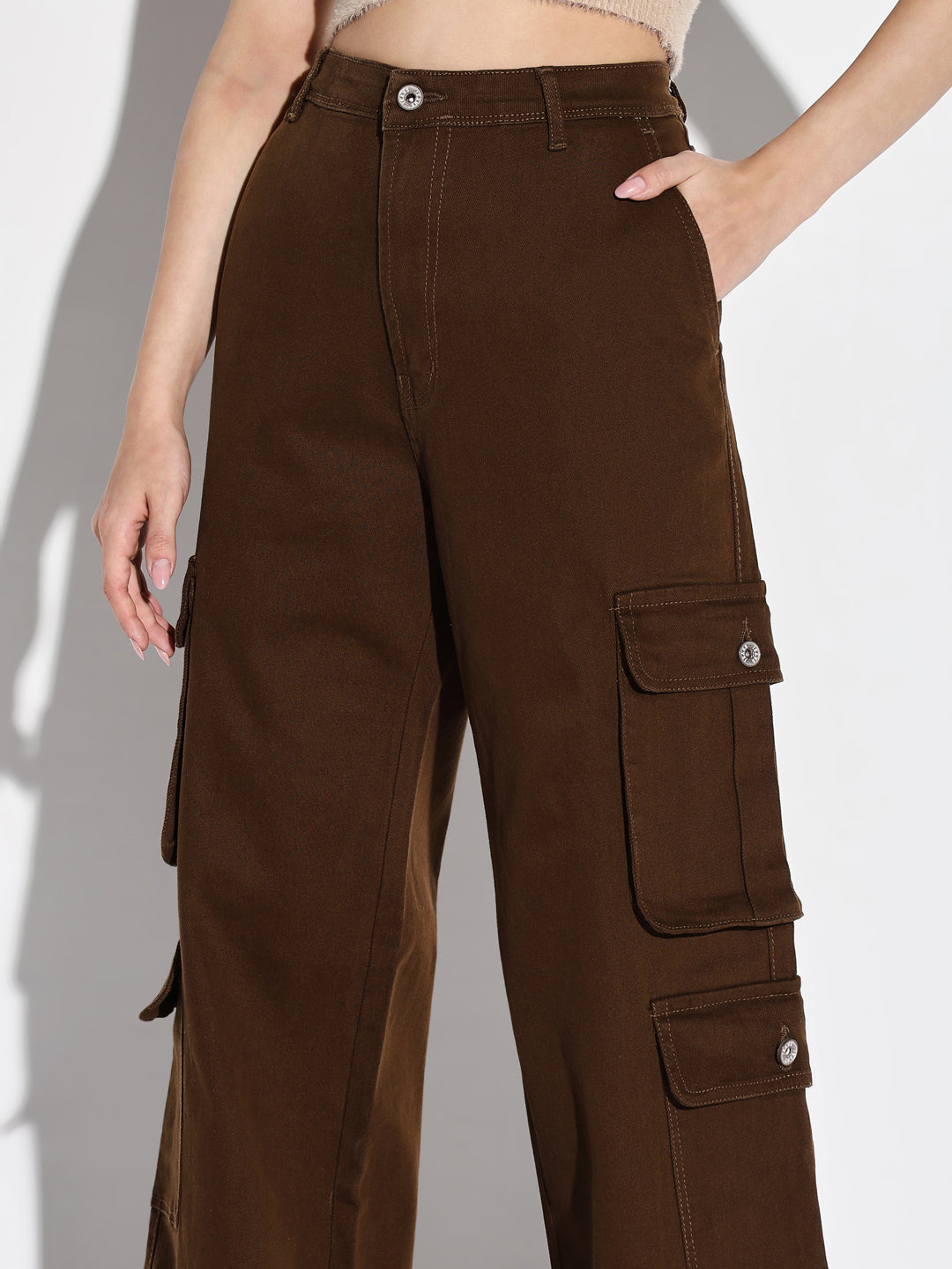 Women Brown Wide Leg Cargo Jeans