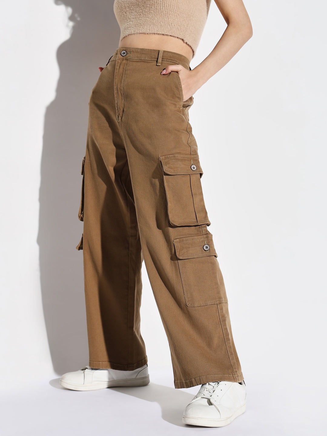 Women Khaki Wide Leg Cargo Jeans