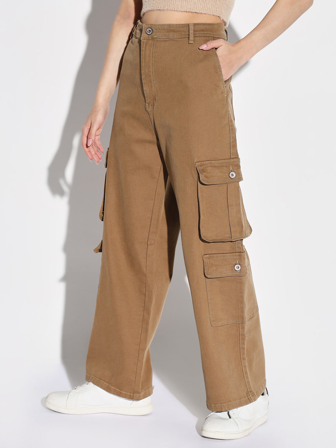 Women Khaki Wide Leg Cargo Jeans