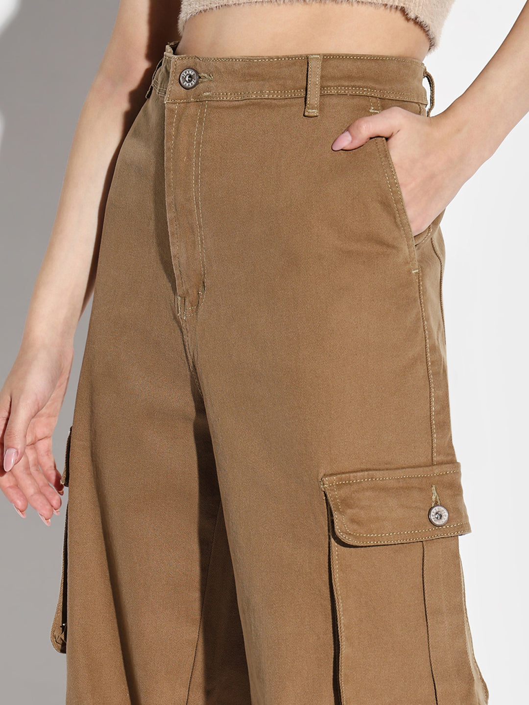 Women Khaki Wide Leg Cargo Jeans