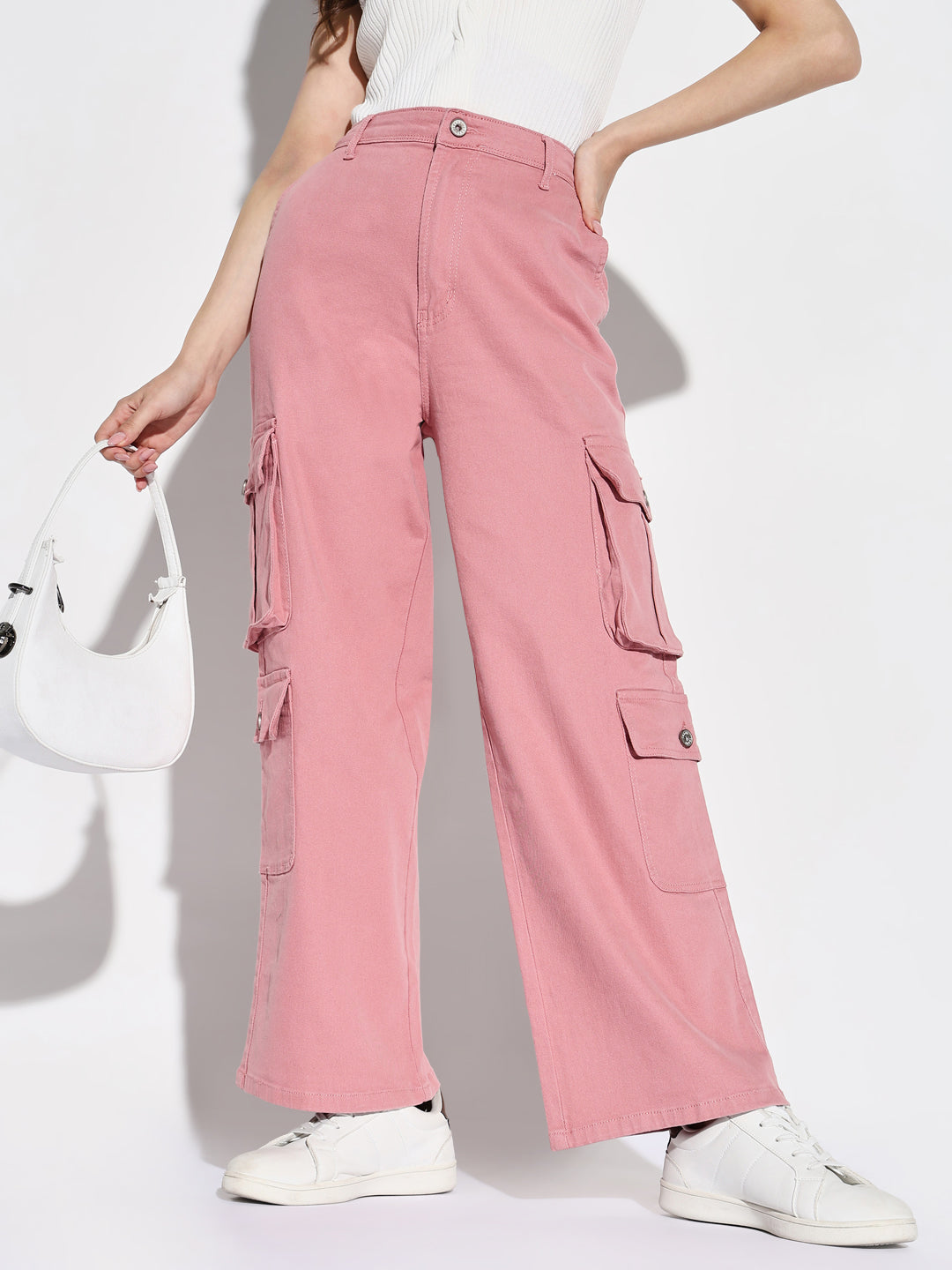 Women Pink Wide Leg Cargo Jeans