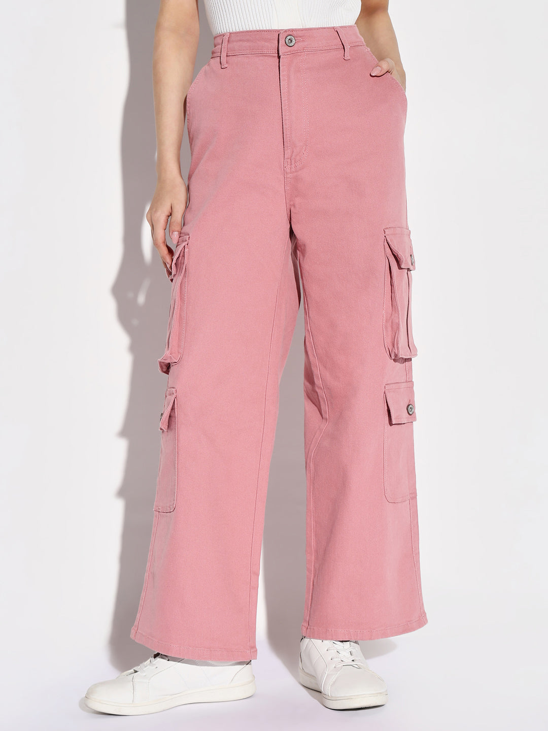 Women Pink Wide Leg Cargo Jeans